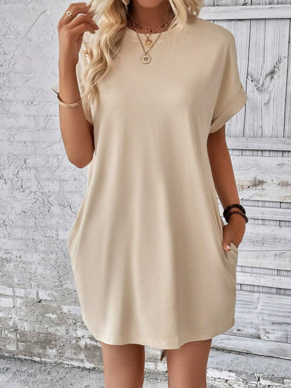 Blue Zone Planet | spring and summer solid color round neck loose short sleeve pocket dress BLUE ZONE PLANET