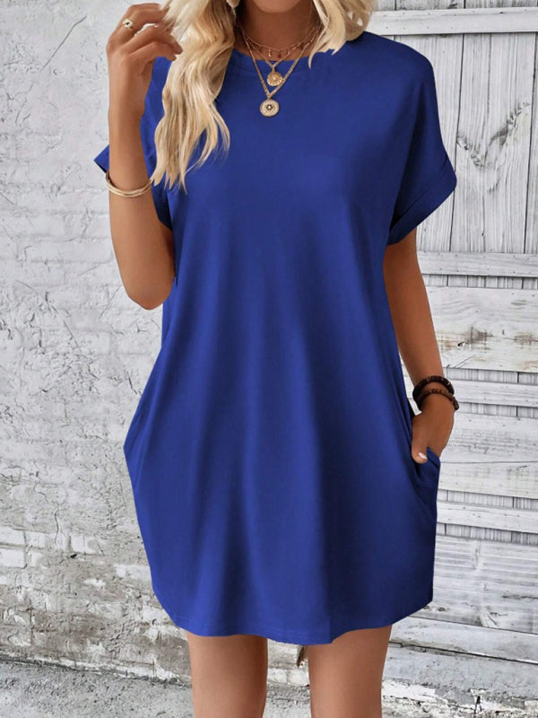 Blue Zone Planet | spring and summer solid color round neck loose short sleeve pocket dress BLUE ZONE PLANET