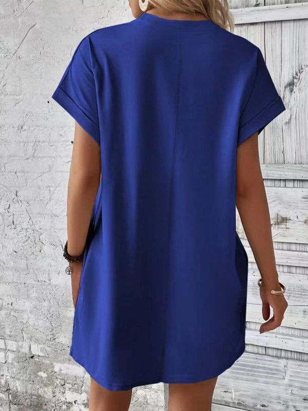 Blue Zone Planet | spring and summer solid color round neck loose short sleeve pocket dress BLUE ZONE PLANET