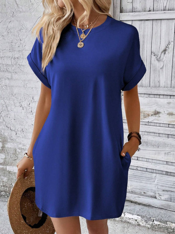 Blue Zone Planet | spring and summer solid color round neck loose short sleeve pocket dress BLUE ZONE PLANET
