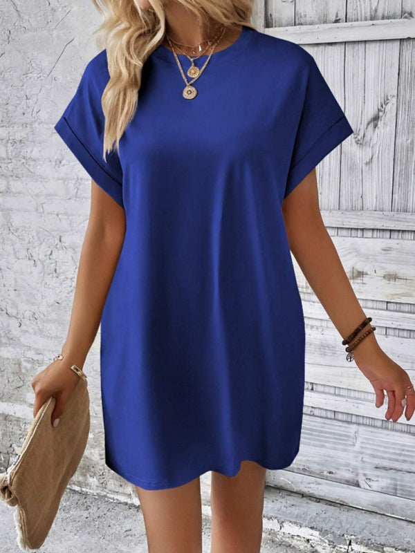 Blue Zone Planet | spring and summer solid color round neck loose short sleeve pocket dress BLUE ZONE PLANET