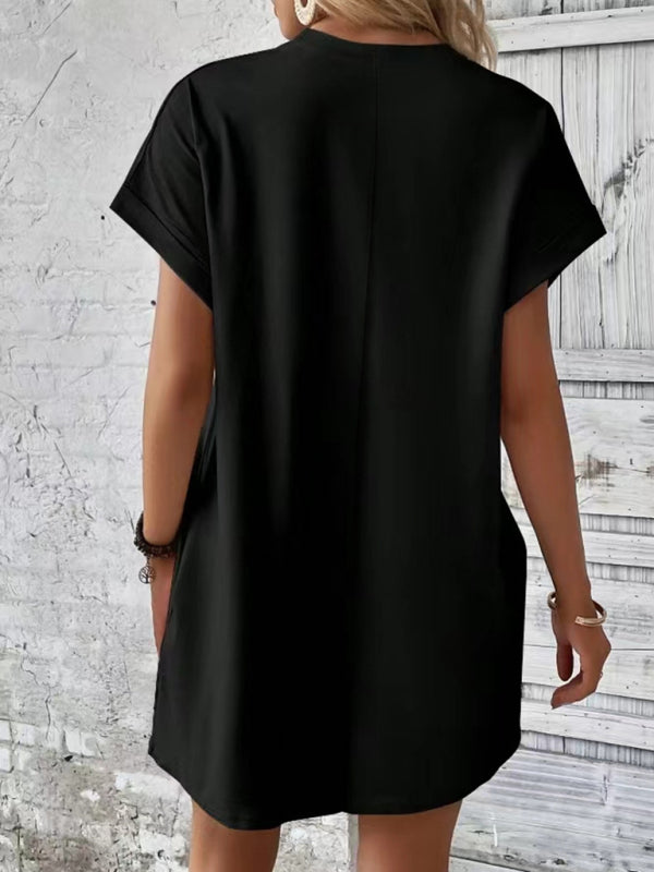 Blue Zone Planet | spring and summer solid color round neck loose short sleeve pocket dress BLUE ZONE PLANET