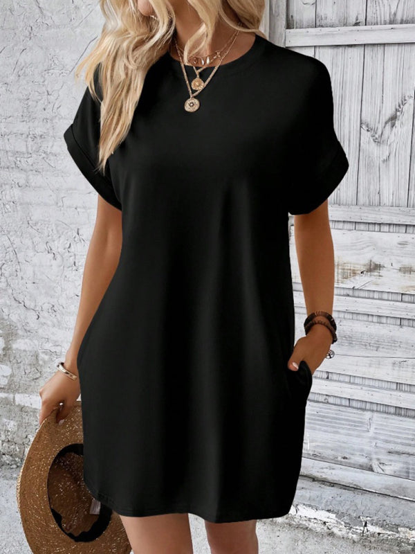Blue Zone Planet | spring and summer solid color round neck loose short sleeve pocket dress BLUE ZONE PLANET