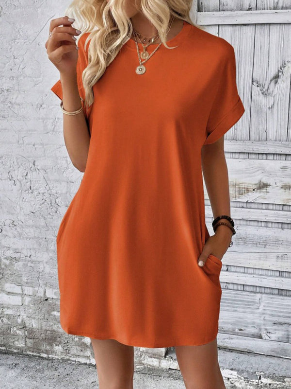 Blue Zone Planet | spring and summer solid color round neck loose short sleeve pocket dress BLUE ZONE PLANET