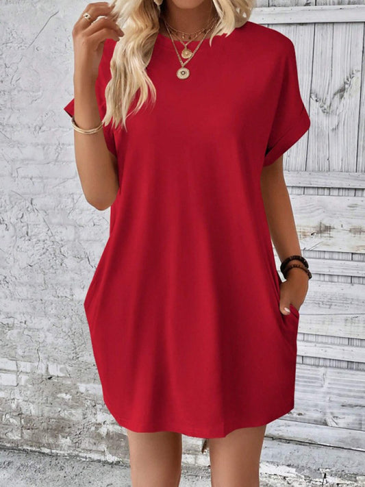 Blue Zone Planet | spring and summer solid color round neck loose short sleeve pocket dress-TOPS / DRESSES-[Adult]-[Female]-Red-S-2022 Online Blue Zone Planet