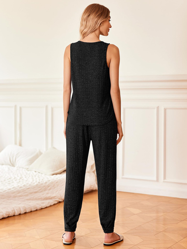 Blue Zone Planet | Solid color V-neck knitted vest trousers pajamas home wear set BLUE ZONE PLANET
