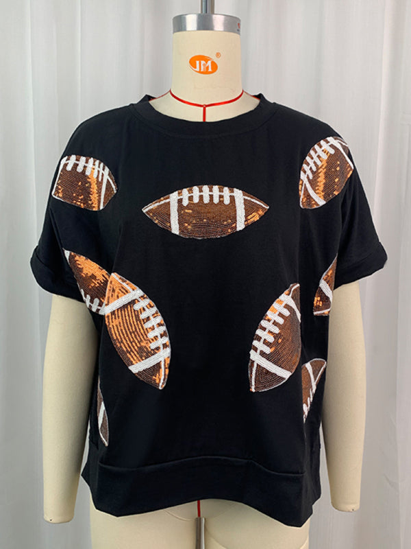 Blue Zone Planet | Summer Sequined Rugby Round Neck Pullover T-Shirt Short Sleeve Top BLUE ZONE PLANET
