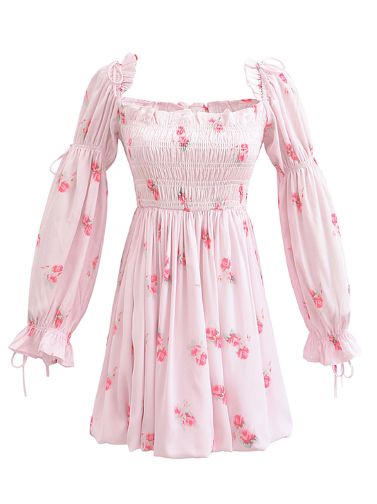 French Square Neck Sweet Floral Print Puff Sleeve Short Dress