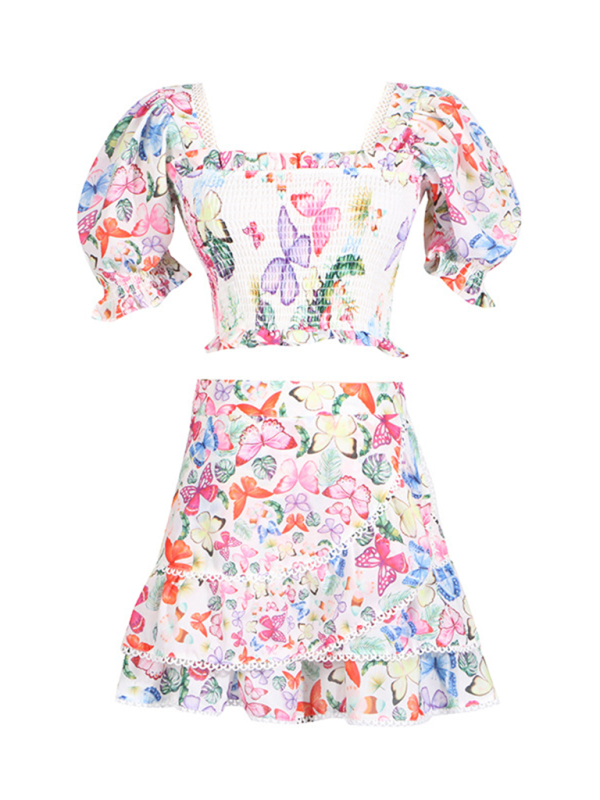 Blue Zone Planet | Stylish bohemian square neck puff sleeve top waisted short skirt suit BLUE ZONE PLANET