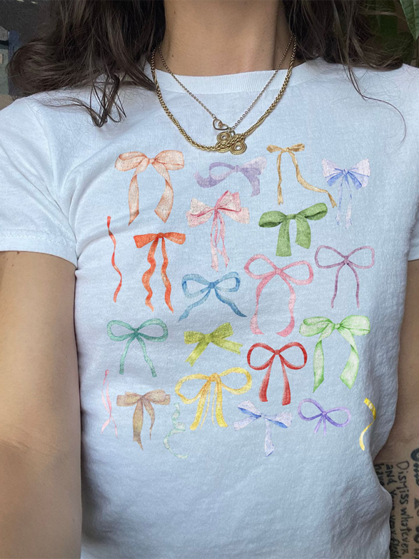 Blue Zone Planet | short-sleeved bow print versatile short-sleeved T-shirt top BLUE ZONE PLANET