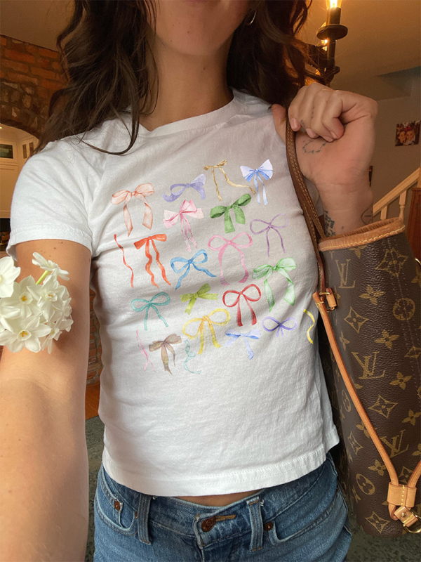 Blue Zone Planet | short-sleeved bow print versatile short-sleeved T-shirt top BLUE ZONE PLANET