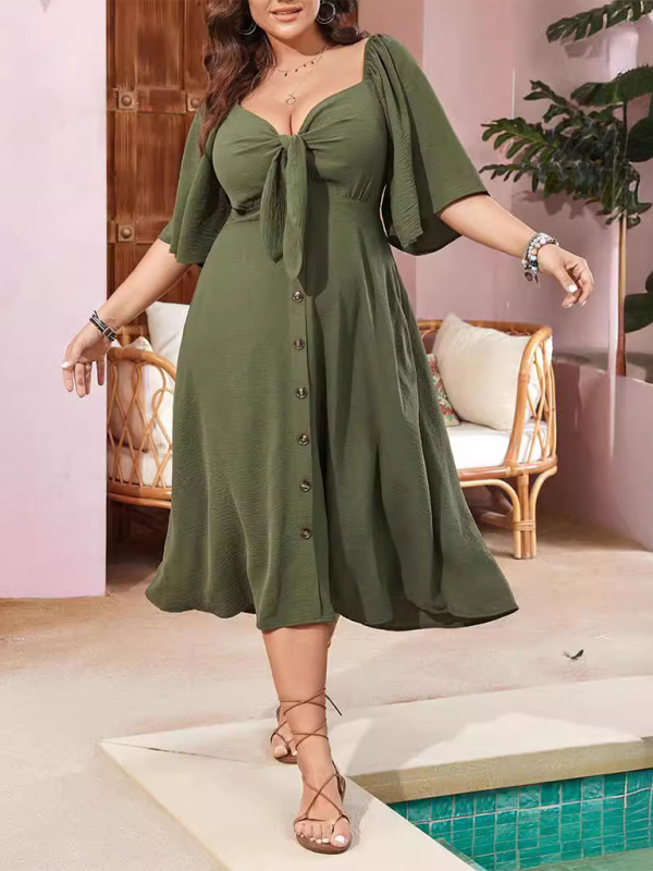 Blue Zone Planet | Plus size bow V-neck short-sleeved dress BLUE ZONE PLANET