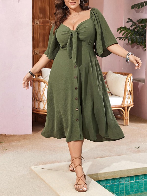 Blue Zone Planet | Plus size bow V-neck short-sleeved dress BLUE ZONE PLANET