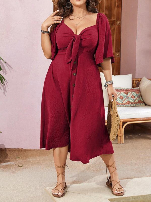 Blue Zone Planet | Plus size bow V-neck short-sleeved dress BLUE ZONE PLANET
