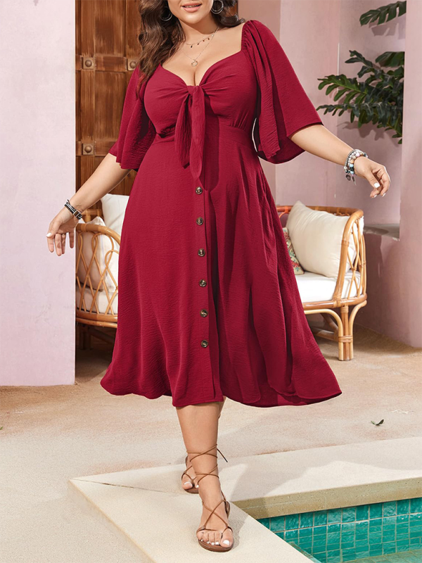 Blue Zone Planet | Plus size bow V-neck short-sleeved dress BLUE ZONE PLANET