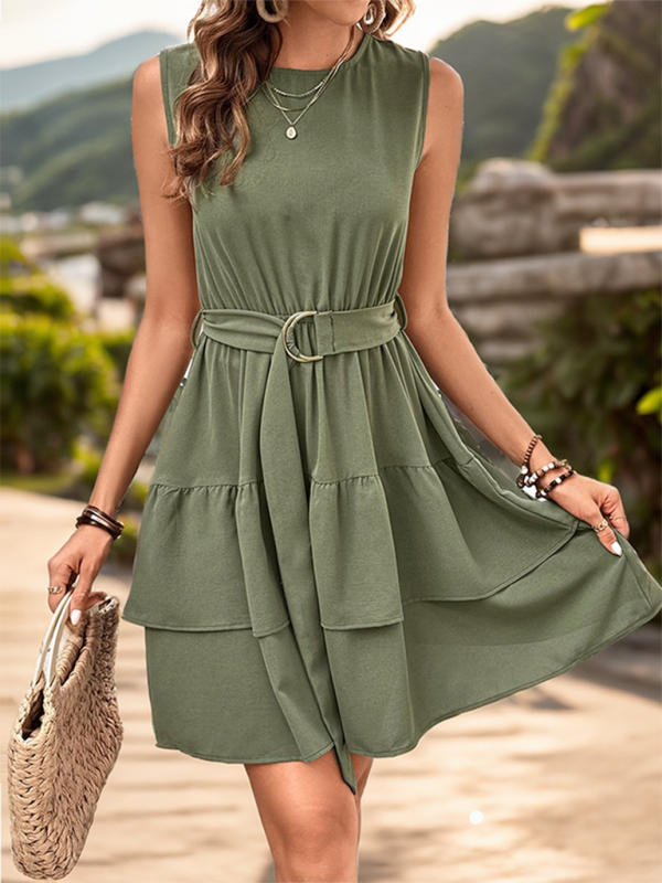 Blue Zone Planet | Serena's Round Neck Solid Color Tiered Sleeveless Mini Dress BLUE ZONE PLANET