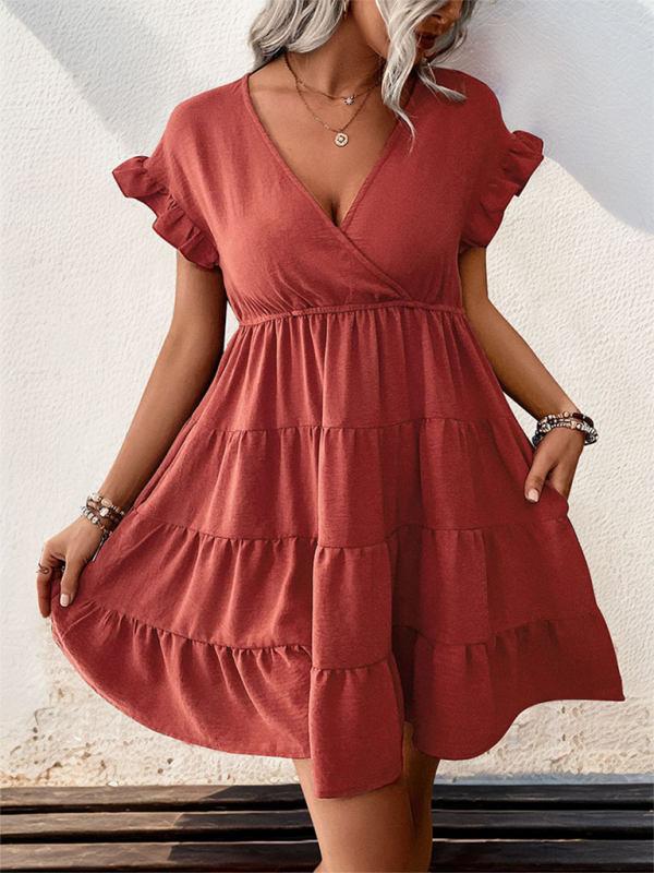 Blue Zone Planet | Paloma's V-Neck Raglan Sleeve Solid Color Tiered Mini Dress BLUE ZONE PLANET