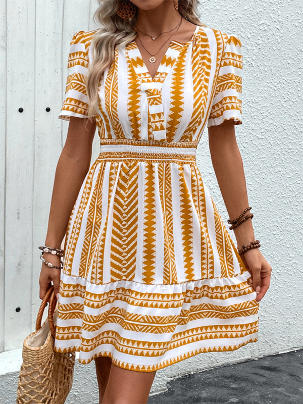 Blue Zone Planet | Natalia's V Neck Bohemian V Neck Short Sleeve Ethnic Print Mini Dress BLUE ZONE PLANET