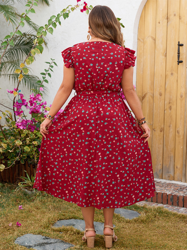 Blue Zone Planet | Plus size red printed sleeveless lace short-sleeved dress BLUE ZONE PLANET