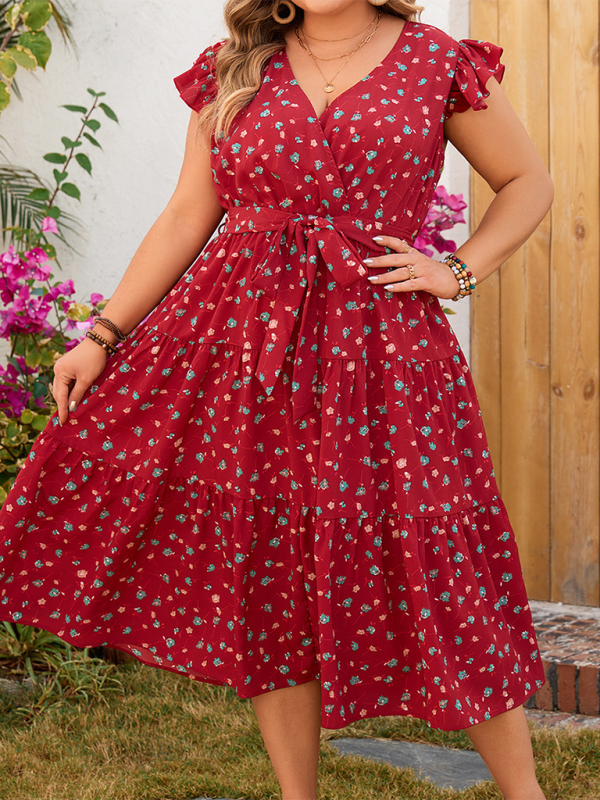 Blue Zone Planet | Plus size red printed sleeveless lace short-sleeved dress BLUE ZONE PLANET