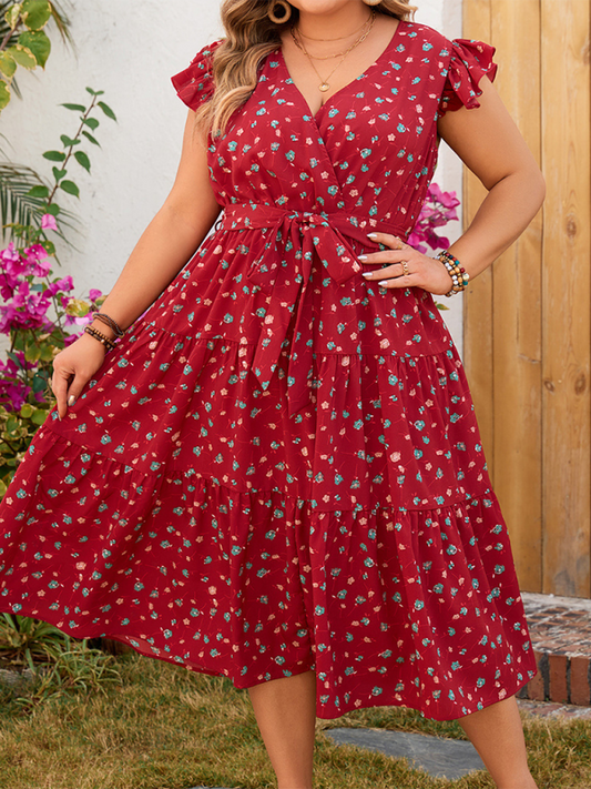 Blue Zone Planet | Plus size red printed sleeveless lace short-sleeved dress BLUE ZONE PLANET