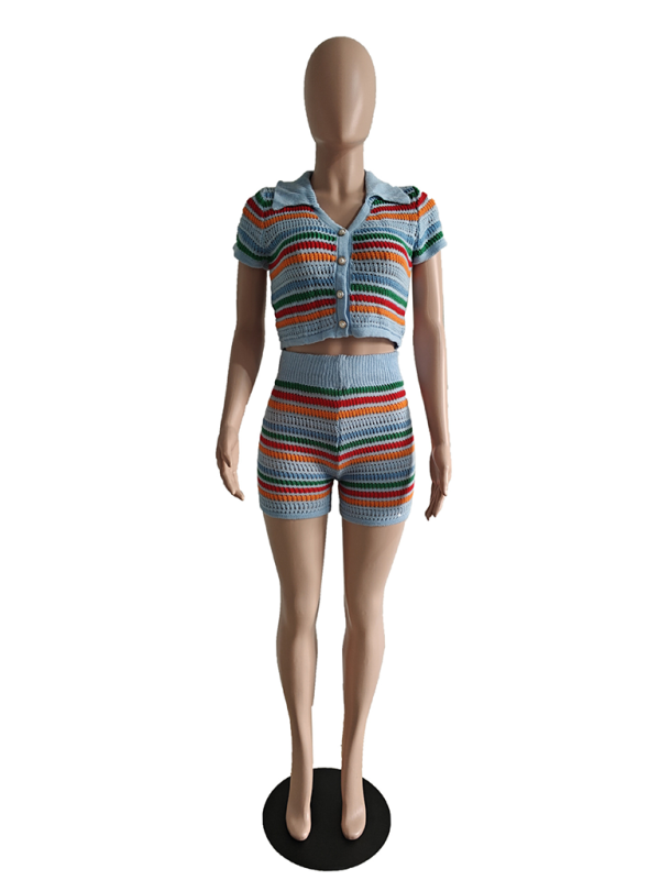 Blue Zone Planet | knitted contrasting color short-sleeved shorts two-piece set BLUE ZONE PLANET