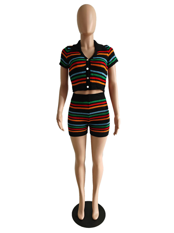 Blue Zone Planet | knitted contrasting color short-sleeved shorts two-piece set BLUE ZONE PLANET