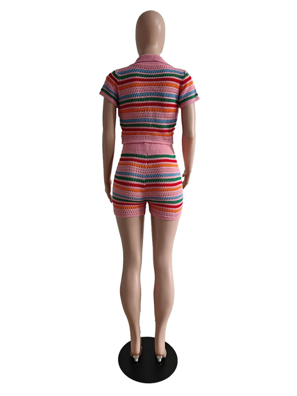 Blue Zone Planet | knitted contrasting color short-sleeved shorts two-piece set BLUE ZONE PLANET
