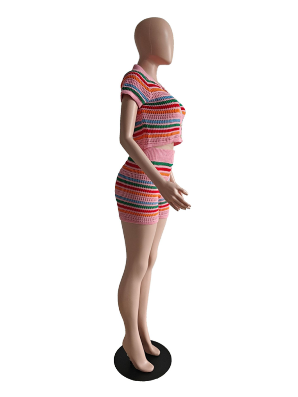 Blue Zone Planet | knitted contrasting color short-sleeved shorts two-piece set BLUE ZONE PLANET