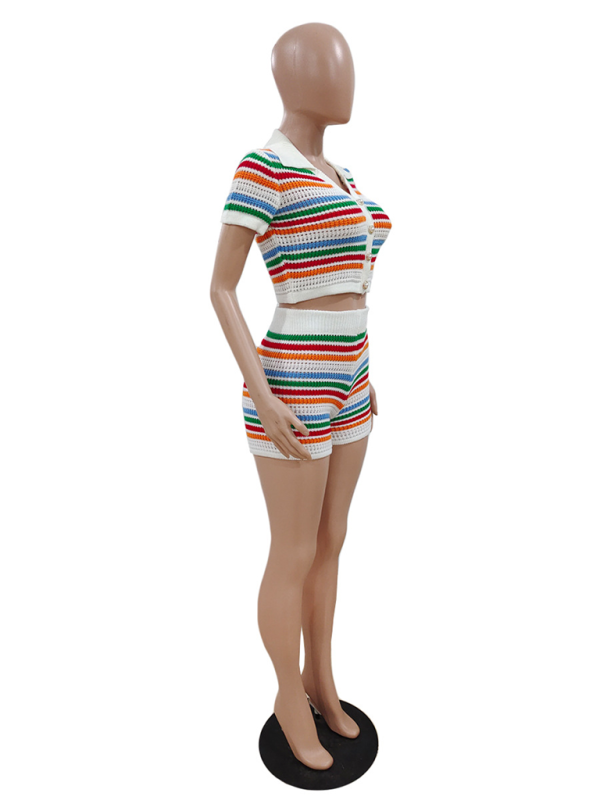 Blue Zone Planet | knitted contrasting color short-sleeved shorts two-piece set BLUE ZONE PLANET