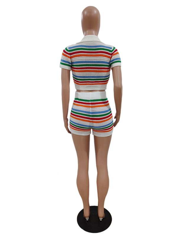 Blue Zone Planet | knitted contrasting color short-sleeved shorts two-piece set BLUE ZONE PLANET