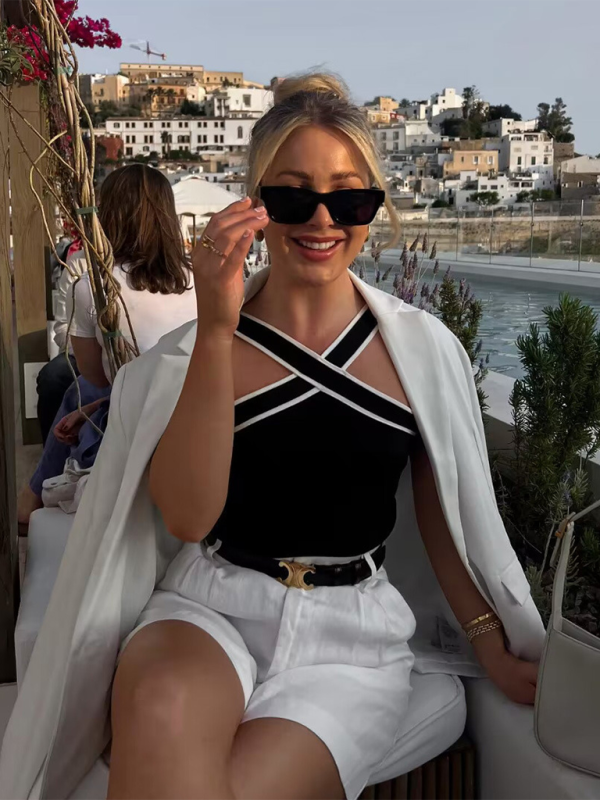 Bella's Slim Fit Inner Contrast Knitted Spaghetti Strap T-Shirt BLUE ZONE PLANET