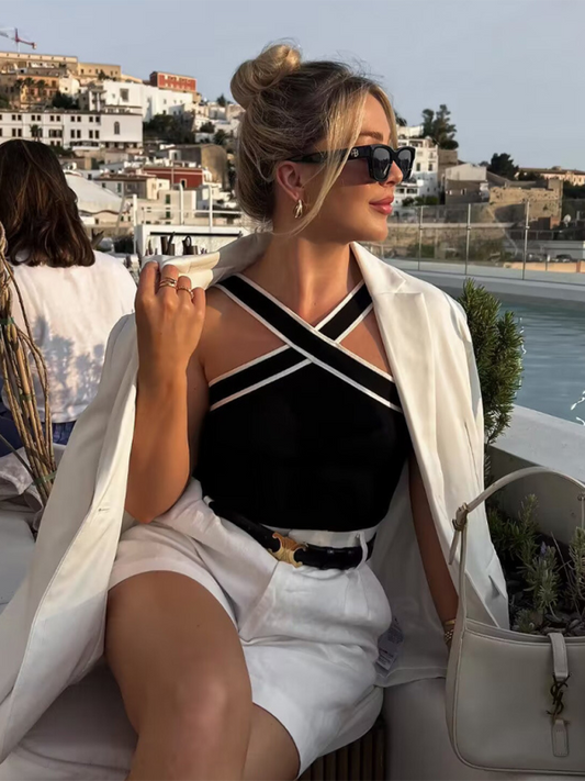 Bella's Slim Fit Inner Contrast Knitted Spaghetti Strap T-Shirt BLUE ZONE PLANET