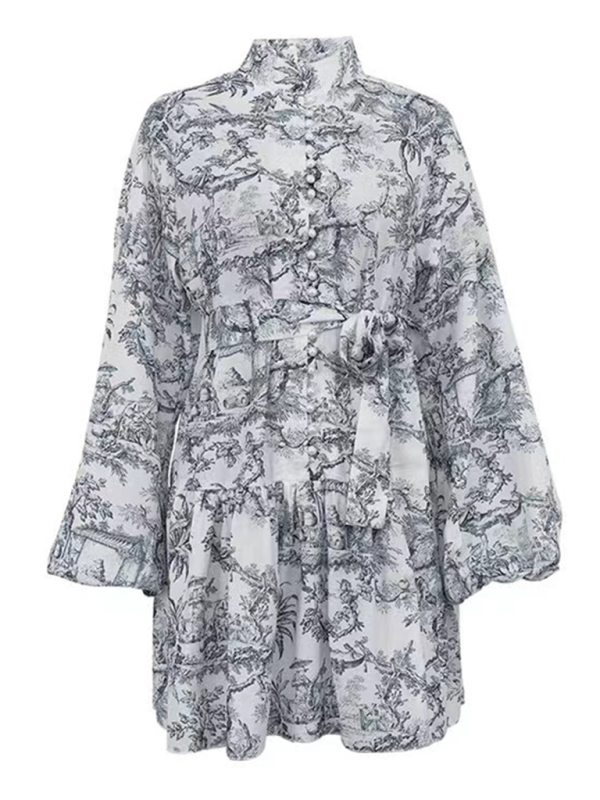 Nyla's Retro Botanical Puff Sleeve Upright Collar Waist Lace-Up A-Line Mini Dress BLUE ZONE PLANET