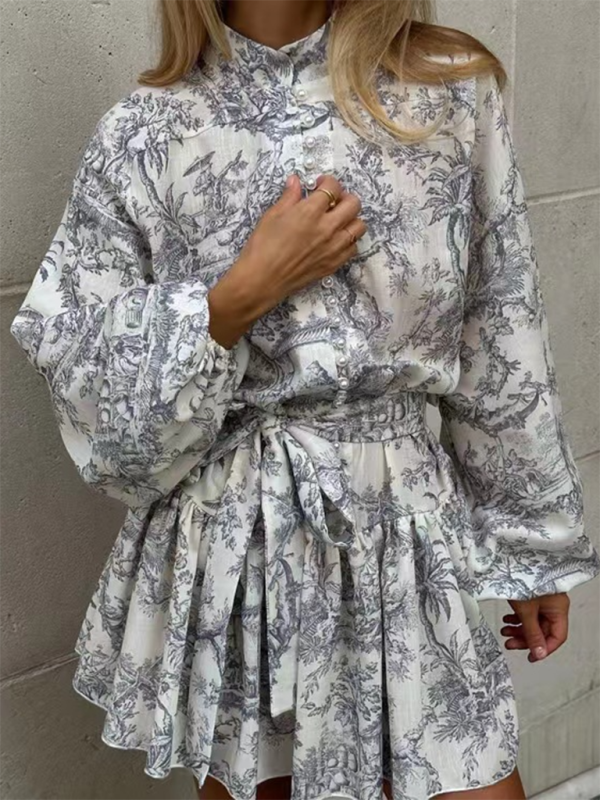 Nyla's Retro Botanical Puff Sleeve Upright Collar Waist Lace-Up A-Line Mini Dress BLUE ZONE PLANET