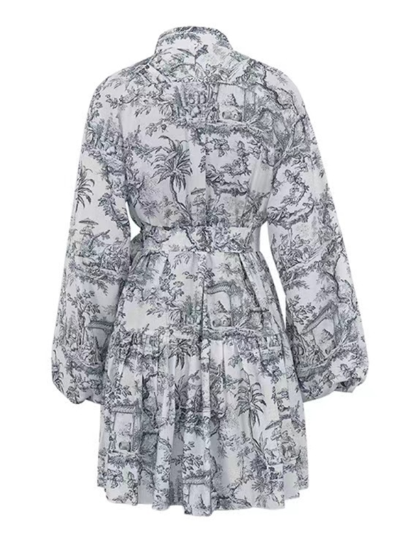 Nyla's Retro Botanical Puff Sleeve Upright Collar Waist Lace-Up A-Line Mini Dress BLUE ZONE PLANET