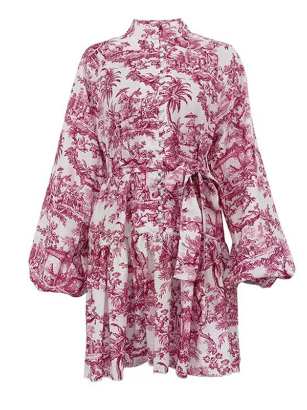 Nyla's Retro Botanical Puff Sleeve Upright Collar Waist Lace-Up A-Line Mini Dress BLUE ZONE PLANET