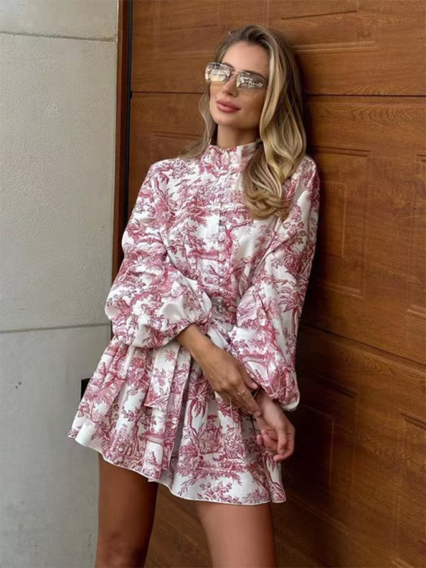 Nyla's Retro Botanical Puff Sleeve Upright Collar Waist Lace-Up A-Line Mini Dress BLUE ZONE PLANET