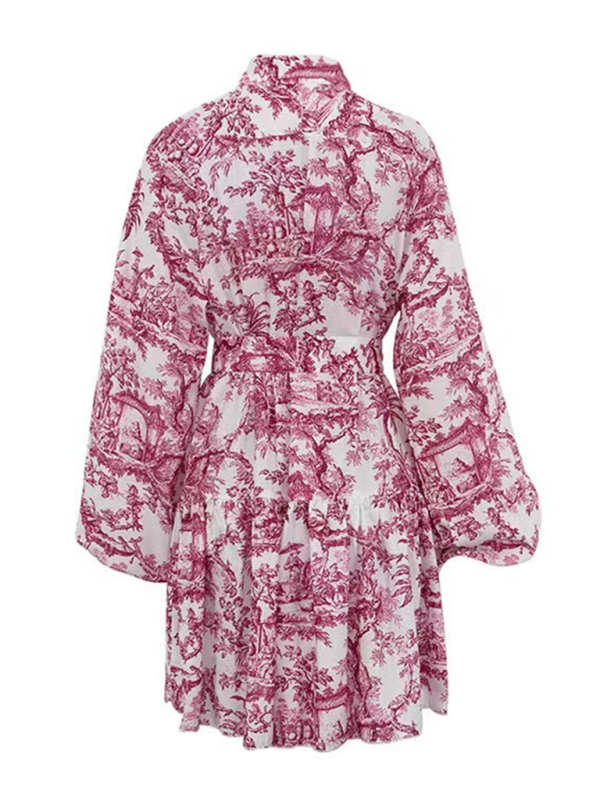 Nyla's Retro Botanical Puff Sleeve Upright Collar Waist Lace-Up A-Line Mini Dress BLUE ZONE PLANET