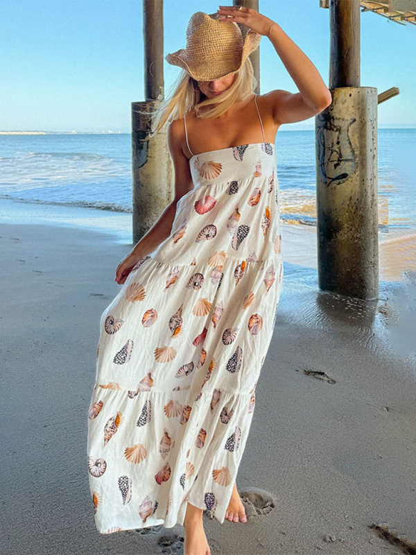 Blue Zone Planet | Gail's Spaghetti Strap Sea Shell Print Tiered Loose Blue Zone Planet | Gail's Spaghetti Strap Sea Shell Print Tiered Loose