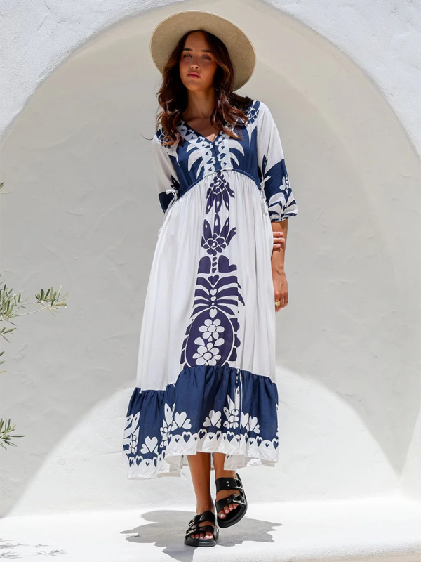 Botanical Print Drawstring Half Sleeve Loose Midi Dress - Blue Zone Cracker Khaki / L by Blue Zone Planet Botanical Print Drawstring Half Sleeve Loose Midi Dress - Blue Zone Cracker Khaki / L by Blue Zone Planet