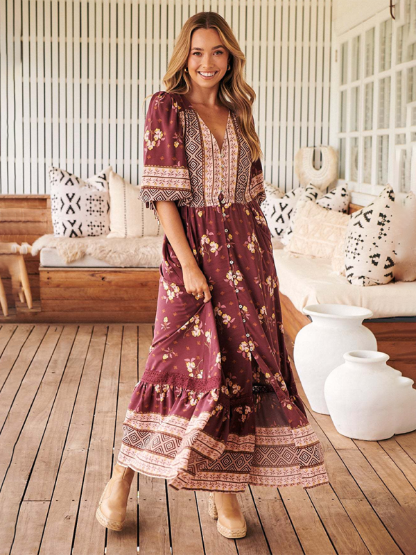 boho button down dress Ava's Boho V-Neck Button-Down Maxi Dress