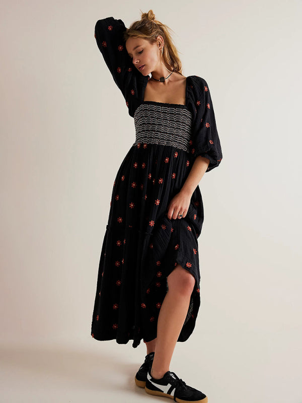 Blue Zone Planet | Sunflower Embroidered Square Collar Black Midi Blue Zone Planet | Sunflower Embroidered Square Collar Black Midi