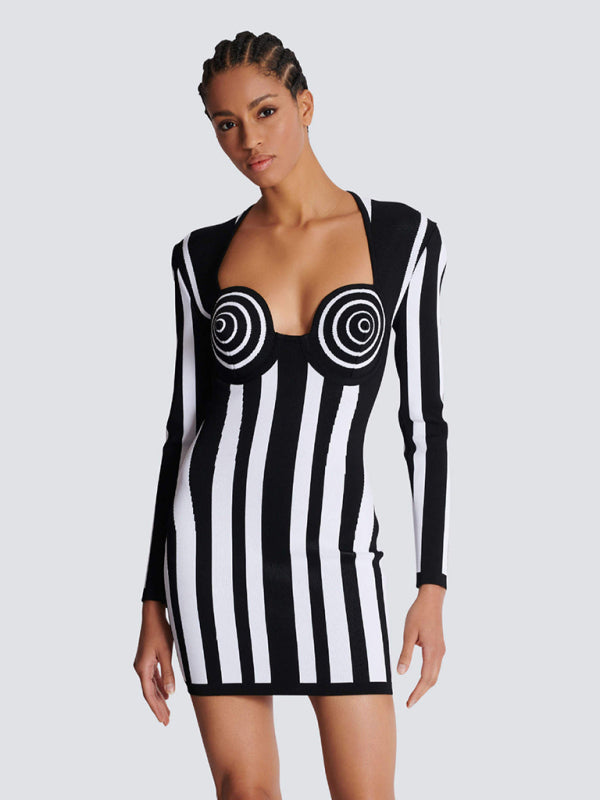 Blue Zone Planet | Black and White Vertical Striped Bandage Dress Blue Zone Planet | Black and White Vertical Striped Bandage Dress