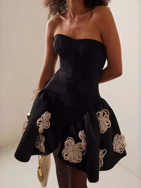 Zone Planet | Black Floral Bandage A-Line Mini Dress with Tutu - Zone Planet | Black Floral Bandage A-Line Mini Dress with Tutu -