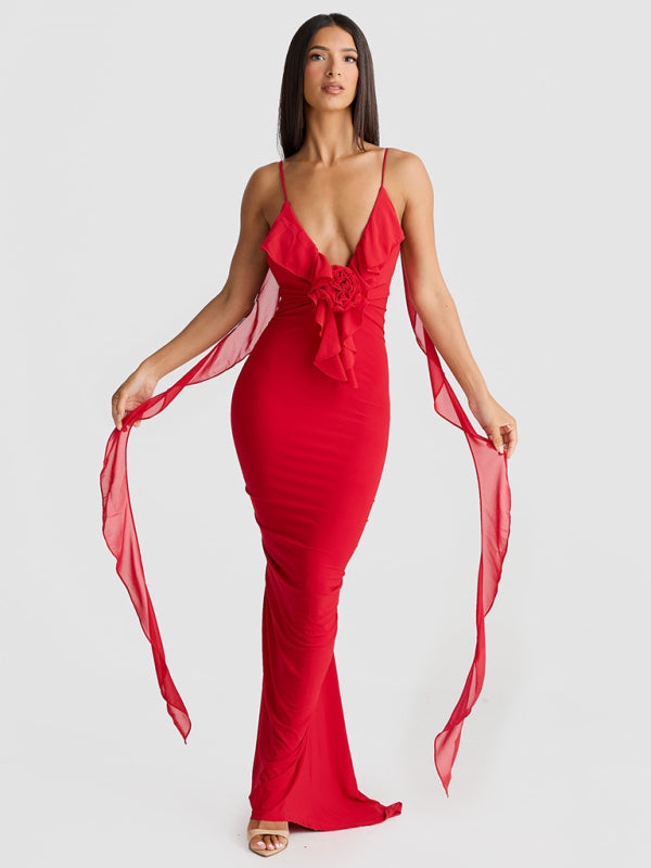 Zone Planet | Deep-V 3D Flower Strappy Backless Fishtail Dress - Red / L by Blue Zone Planet Zone Planet | Deep-V 3D Flower Strappy Backless Fishtail Dress - Red / L by Blue Zone Planet