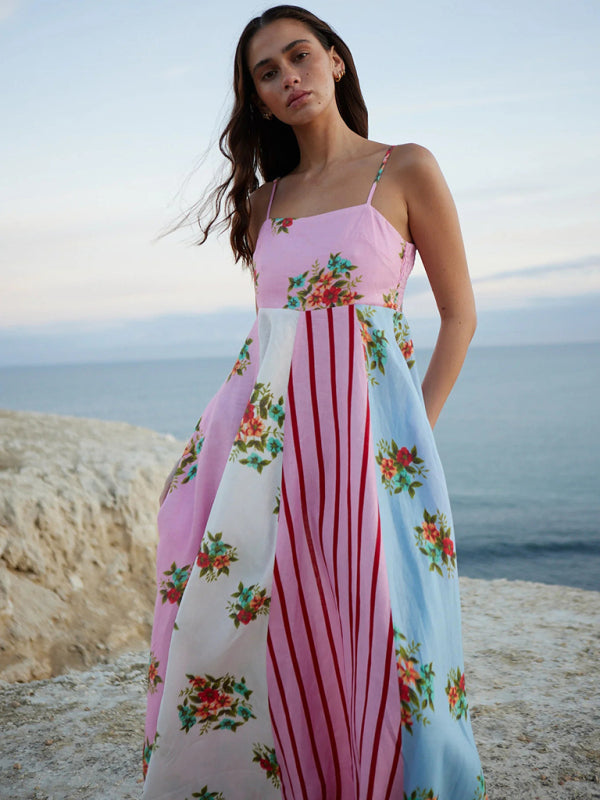 floral spaghetti strap midi dress Floral Ruched Slip A-Line Midi Dress