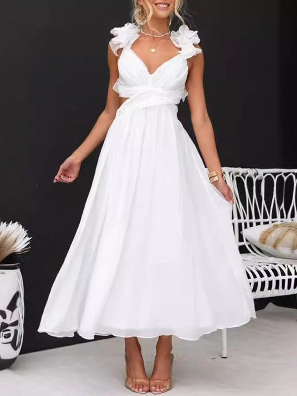 strapless open back dress Sexy Sleeveless Solid Color Tie Pleated Skirt Dress
