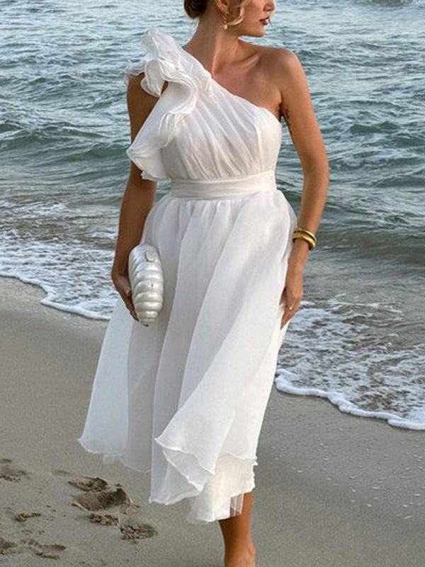 Solid Color Off-shoulder Backless Midi Prom Dress