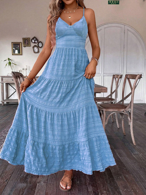 Solid Color Suspender Long Swing Dress Blue / S by Blue Zone Planet
